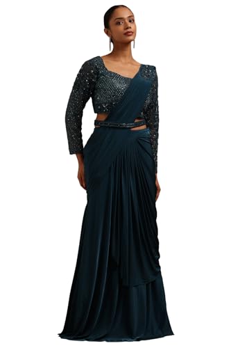 Soch Womens Blue Spandex Solid Ready To Wear Saree