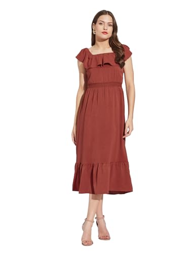 Latin Quarters Women Rust Square Neck Cap Sleeves Solid Below Knee A-Line Dress for Casual Wear_M