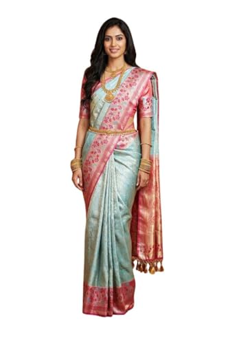 VFCollections Women's Traditional Handloom Kanchipuram Silk Pure Pattu Sarees | Rich Zari Woven Design | Bridal Saree | Unstitched Blouse (VFC720-3)