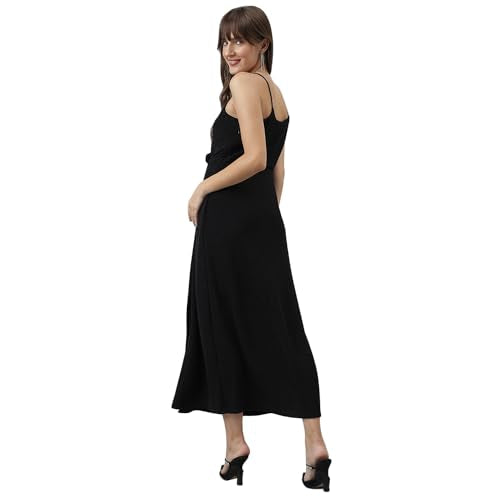 Latin Quarters Women Black V-Neck Strap A-Line Solid Dress_XL