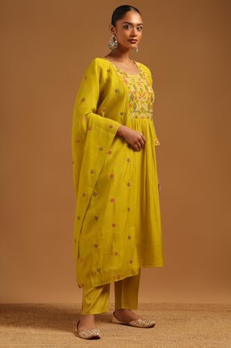Soch Womens Light Green Mul Chanderi Geometric Salwar Suit With Machine Embroidery and Bead Details