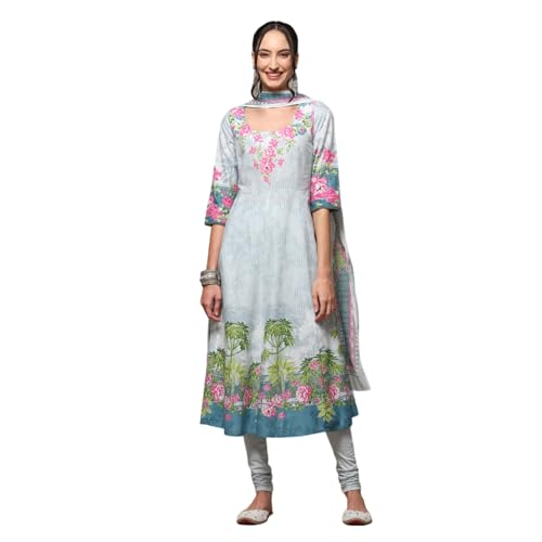 BIBA Women's Powder Blue Cotton Anarkali Kurta Churidar Suit Set_40