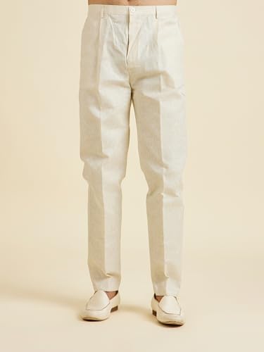 Manyavar Men's Linen Blend Mirror Work Kurta Jacket Churidar Set(Natural,M)