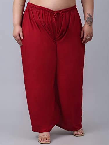 TREND LEVEL Plus Size Women's Rayon Loose Fit Flared Wide Leg Palazzo Pants Soft Plain/Solid Design with Drawstring Elastic (Pack of 1) (9XL, Maroon)