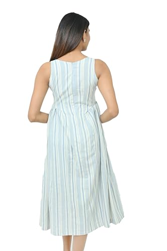 WE WORTH Women’s Striped Sleeveless Midi Dress | Square Neck Fit & Flare Casual Summer Dress for Girls (in, Alpha, M) White