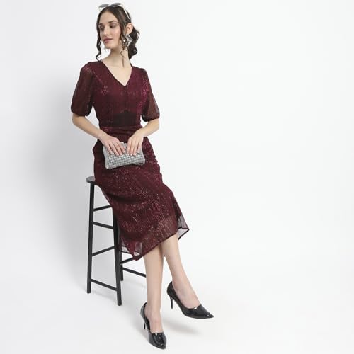 Madame Shimmery Corset Detailed Plum Midi Dress for Women