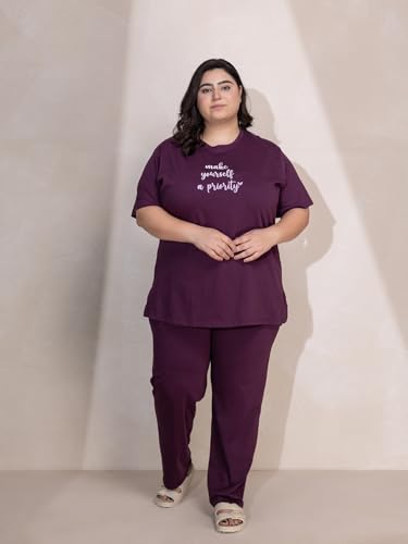 TITTLI Women Plus Size Pure Cotton Typography Printed Nightsuit Set | T-Shirt and Pyjama Nightwear | Soft Cotton Sleepwear with Pockets | Lounge Wear for Women | L to 8XL Wine