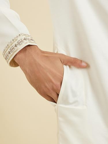 Manyavar Men's Art Silk Neckline Embroidered Kurta Churidar Set(Cream,XXXL)