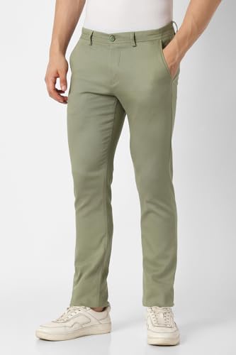 Men Green Textured Slim Fit Casual Trousers