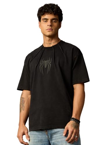 The Souled Store Marvel: Venom Men and Boys Short Sleeve Round Neck Washed Black Graphic Printed Casual Lightweight Drop Shoulder Streetwear Trendy Oversized T-Shirts