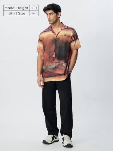 The Souled Store Hawaiian Shirt: Autumn Men and Boys Short Sleeves Collared Neck Button Front Brown All Over Printed Rayon Regular Fit Lightweight Casual Holiday Shirts