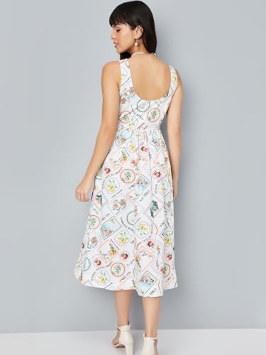 Max Women Printed Fit & Flare Midi Dress(Off White_M)