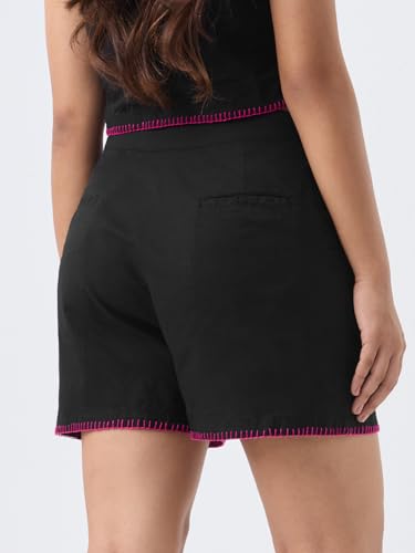 The Souled Store Cotton Linen Shorts: Black Women and Girls Mid Rise Flat Front Waistband Embroidered Regular Fit Contrast Stitch Detail Cotton Linen Shorts
