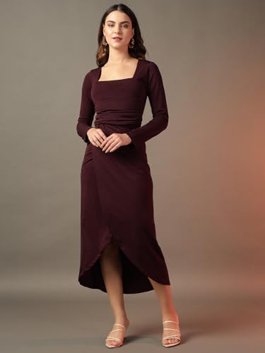 Trend Arrest.ed Women's Bodycon Midi Dress | Square Neck Wrap Style | Stretchable | Plus Size | Full Sleeve Fitted Dress for Party, Evening, Casual Outings & Date Night (D5393_Burgundy_4XL)