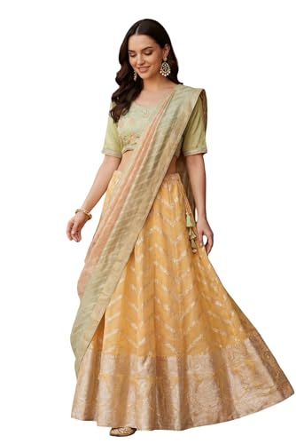 Aurelia Women's Pista Green and Yellow Embroidered Jacquard Blouse with Lehenga and Dupatta Set - (AD10759-706231-M)