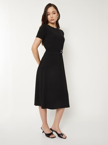 Max Women Textured A-line Belted Dress (Black_S)