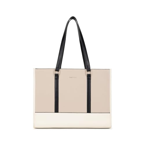 Fastrack Stitchline White Laptop Tote | Faux Leather Work Tote with Black Stitch Accents | 14 Inch Laptop Tote with Three Compartments & Center Zip Pocket | Dual Handles & Organizer Pockets