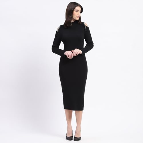 Madame Rhinestone Embellished Cold Shoulder Black Midi Dress