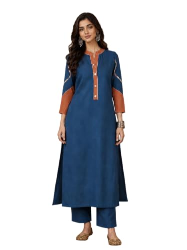 Varanga Women Blue With Rust A Line Kurta Trousers Set Mandarin Collar