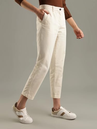 Slim Fit Solid Mid Rise Trouser Cream