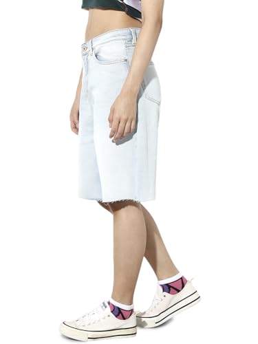 ONLY Women's Solid Regular Fit Mid-Rise Blue Shorts