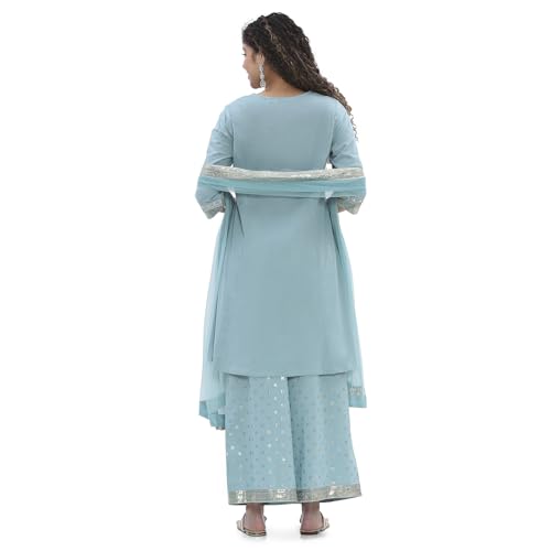 Biba Women Dull Blue Cotton Kalidar Suit Set_36