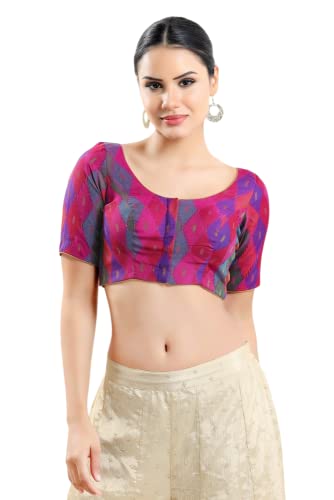 Vamas Women's Brocade & Georgette Padded Self Design Half Sleeve Readymade Saree Blouse (X-817.ELB_Pink-Multi_34)