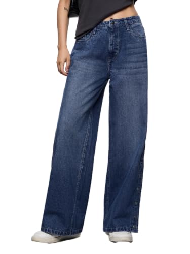 The Souled Store Wide-Leg Denim: Cinnamon Women and Girls Buttoned Waistband Blue Light Wash Cotton Denim Lightweight Everyday All Season Wide Leg Jeans