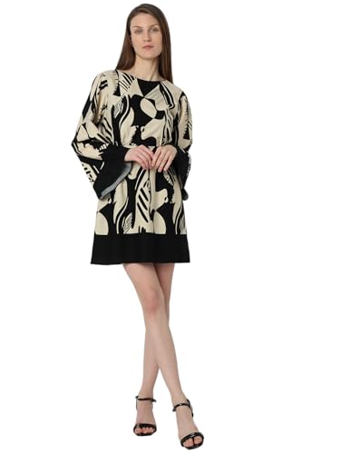 VERO MODA Women Abstract Print Black Cotton Above Knee Length Fit and Flare Dress