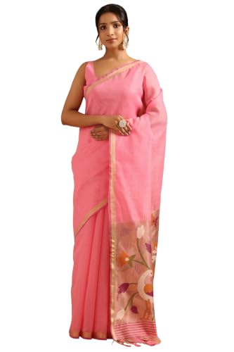 Soch Womens Pink Organza Brocade Bird motifs Saree
