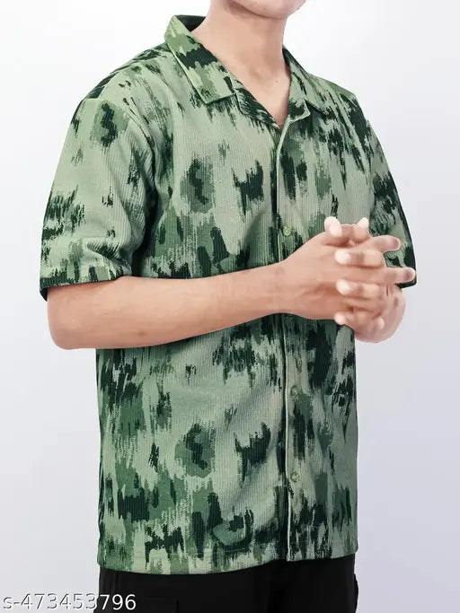 Maniac Men's Abstract Regular Spread Collar Green Shirts