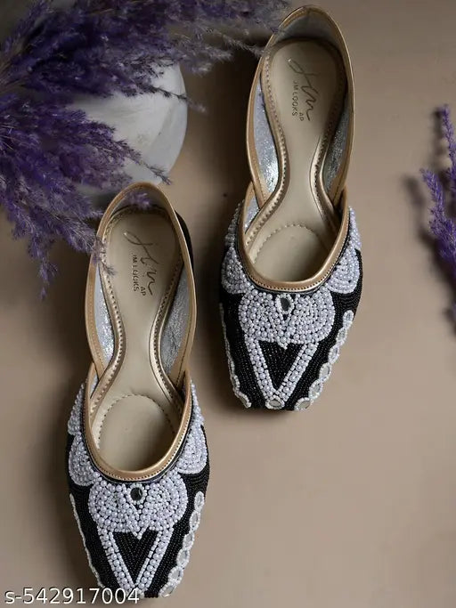 JM Looks Women's Ethnic Embllished Zardosi Beads Work Bellies Slip-On Shoes Jutti Flat Shoes Punjabi Jutti Mojari for Wedding Party Occasion - Black