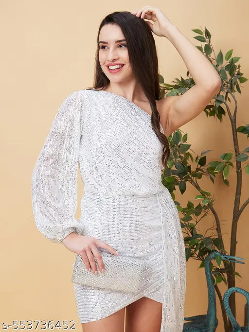Globus Women White Embellished One Shoulder Party Bodycon Dress