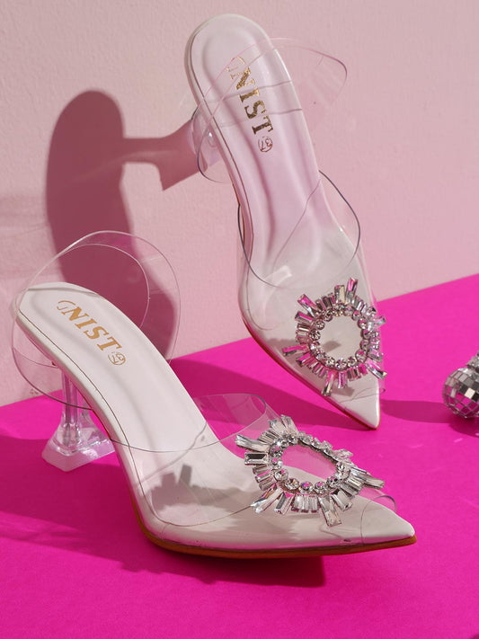 White Rhinestone Embellished Stilettos