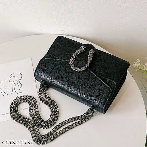 Black Front Lock Decor Chunky Chain Flap Slingbag Or Crossbody Bag For Women/Girls