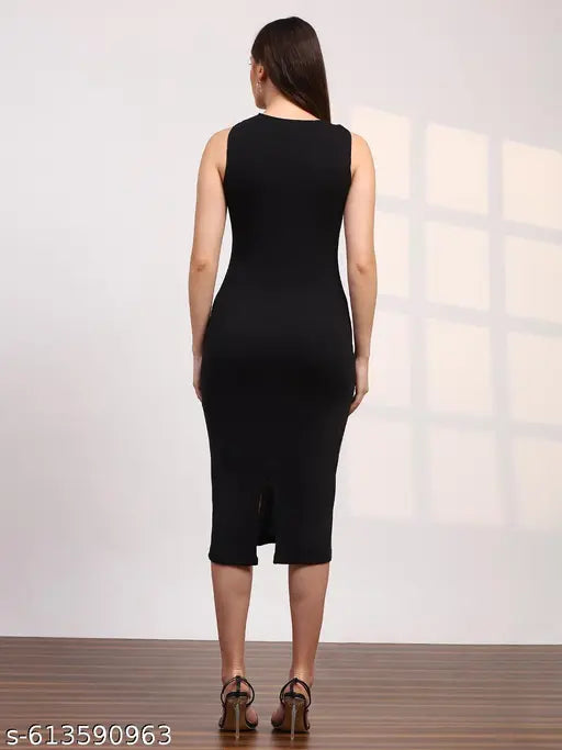 Globus Women Black Halter Neck Ribbed Midi Bodycon Dress