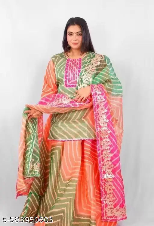 Bandhani Flared Kurta Lehanga Set in Green, Peach & Pink with Embroidered Net Dupatta