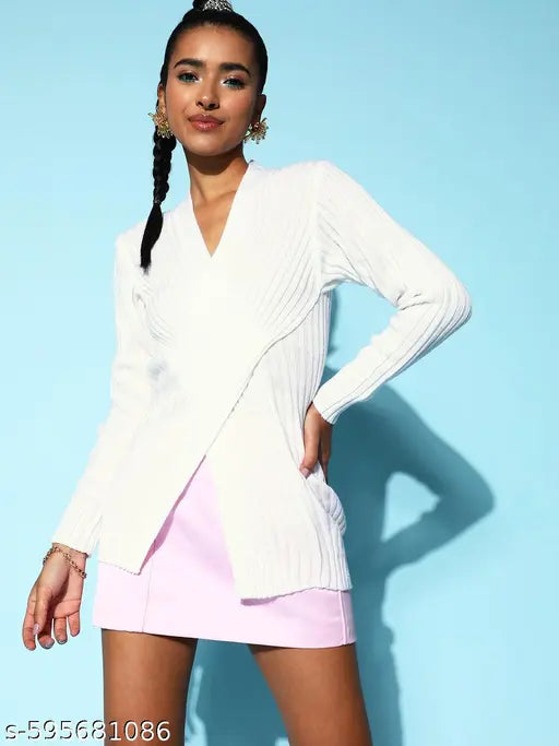 Berrylush Women Solid White V-Neck Acrylic Ribbed Hem Regular Sweater