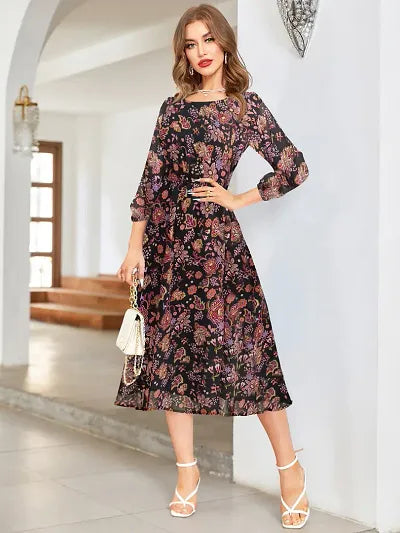 Stylish Black Georgette Printed Fit And Flare Dress For Women