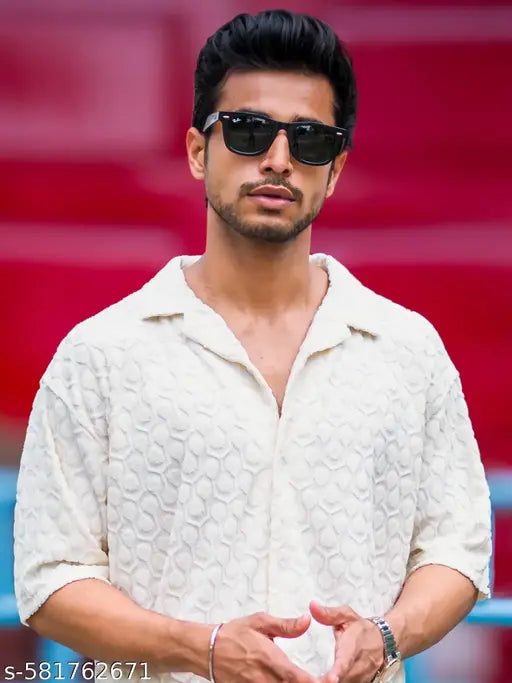 Maniac Mens Solid Puff Textured Collared Neck Cream Shirt