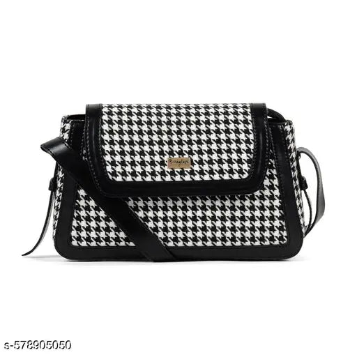 Berrylush Women Black & White Houndstooth Printed Polyester Zipper-Up Embellished Sling Bag