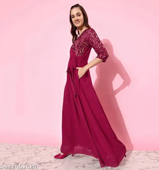 Miss Chase Women's Embellished Round Neck Red Dresses