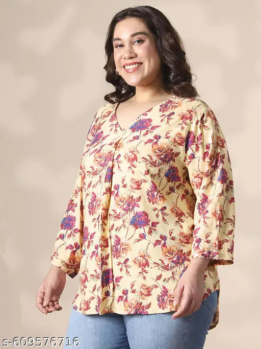 Globus Gloplus Women Cream V-Neck Floral Print Curved Hem Plus Size Top