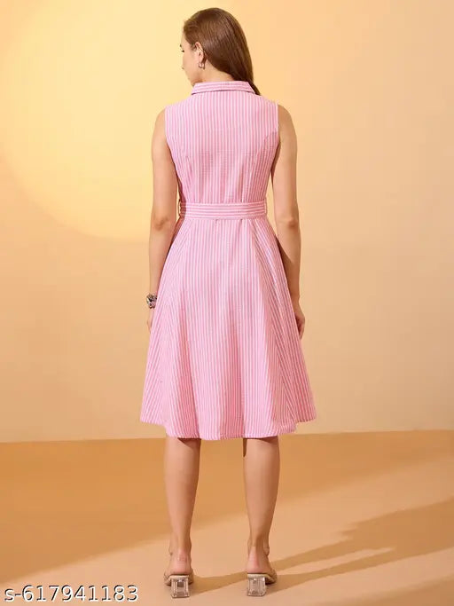 Globus Women Pink Stripes Printed Notch Lapel Belted Midi Workwear Dress