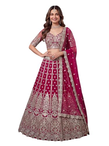 Zeel Clothing Women's Zari Sequins Embroidered Work Soft Net Lehenga Choli With Dupatta (6013-Pink-Womens-Lehenga-Choli-New; Free size)