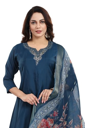 DARIKA Women's Navy Blue Embroidered Kurta Pant Dupatta Set | Floral Printed Organza Dupatta | Ethnic Suit Set for Women & Traditional Dress