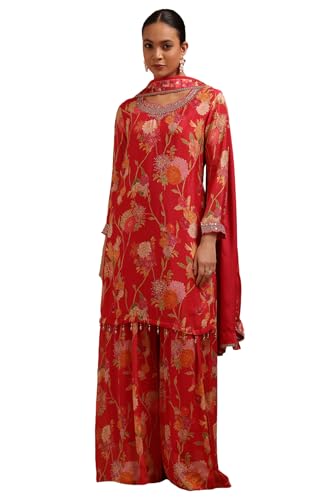 Soch Womens Red Chinon Floral Print Suit Set With Thread Work
