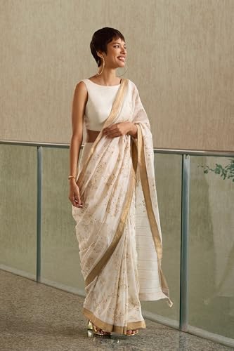 Taneira Women Off White Silk Cotton Embroidery Saree with Unstitched Blouse Piece (SPH08C00070-Off White)
