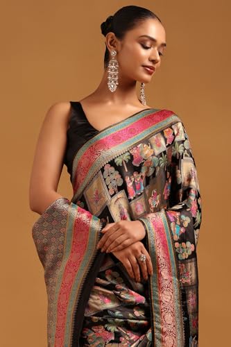 Soch Womens Black Satin Ethnic Motifs Saree With Zari Work