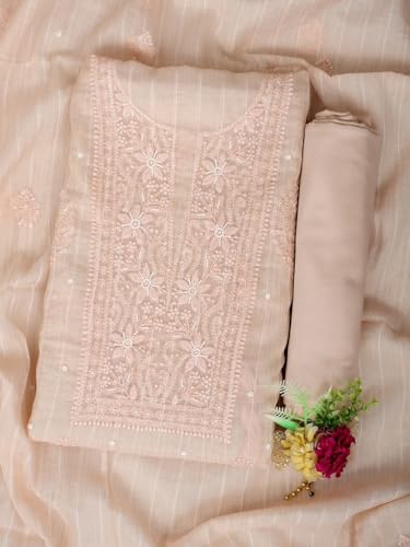 Ada Hand Embroidered Lucknowi Chikankari Unstitched Chanderi Dress Material Suit Piece with Dupatta for Women with Pearl Work 01A938020 Peach